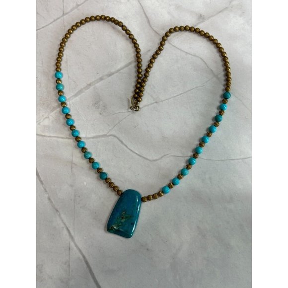 Southwestern Blue Phoenix Stone Faux Turquoise Brass Beaded Necklace - Picture 6 of 7